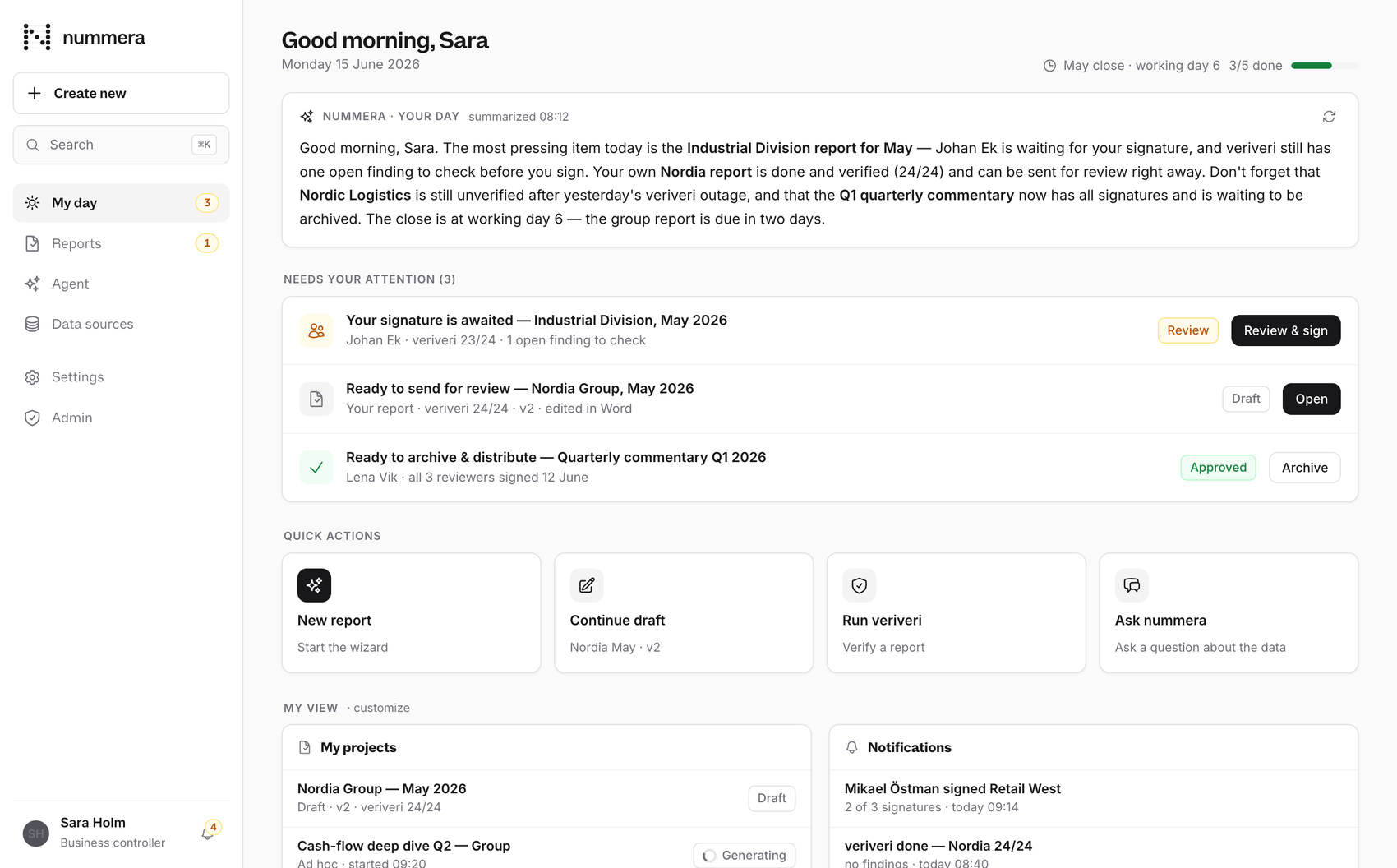 The nummera My day view: an AI summary of what needs the controller today, the alerts that fired, and the work that already ran.