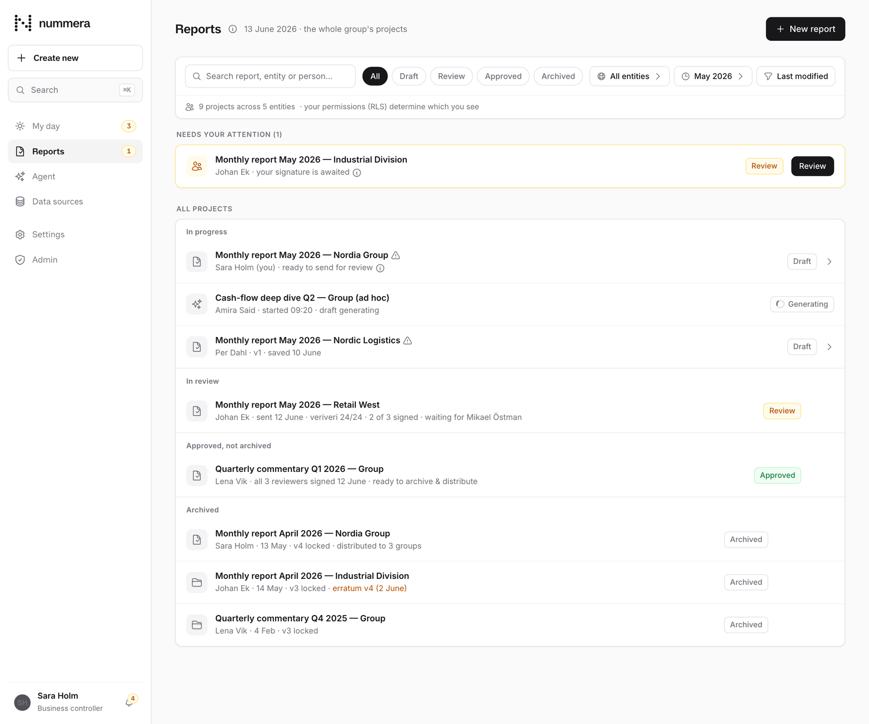 The nummera reports list across the group, each showing its veriveri verification status and sign-off progress.